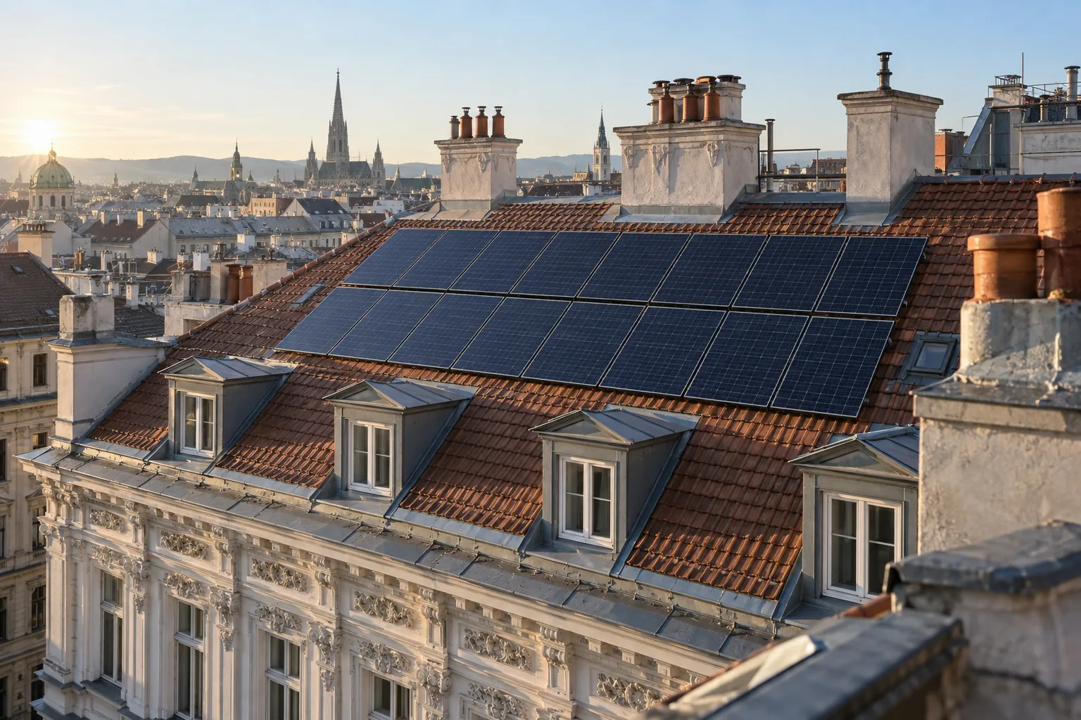 Photovoltaik auf dem Dach eines Wiener Zinshauses